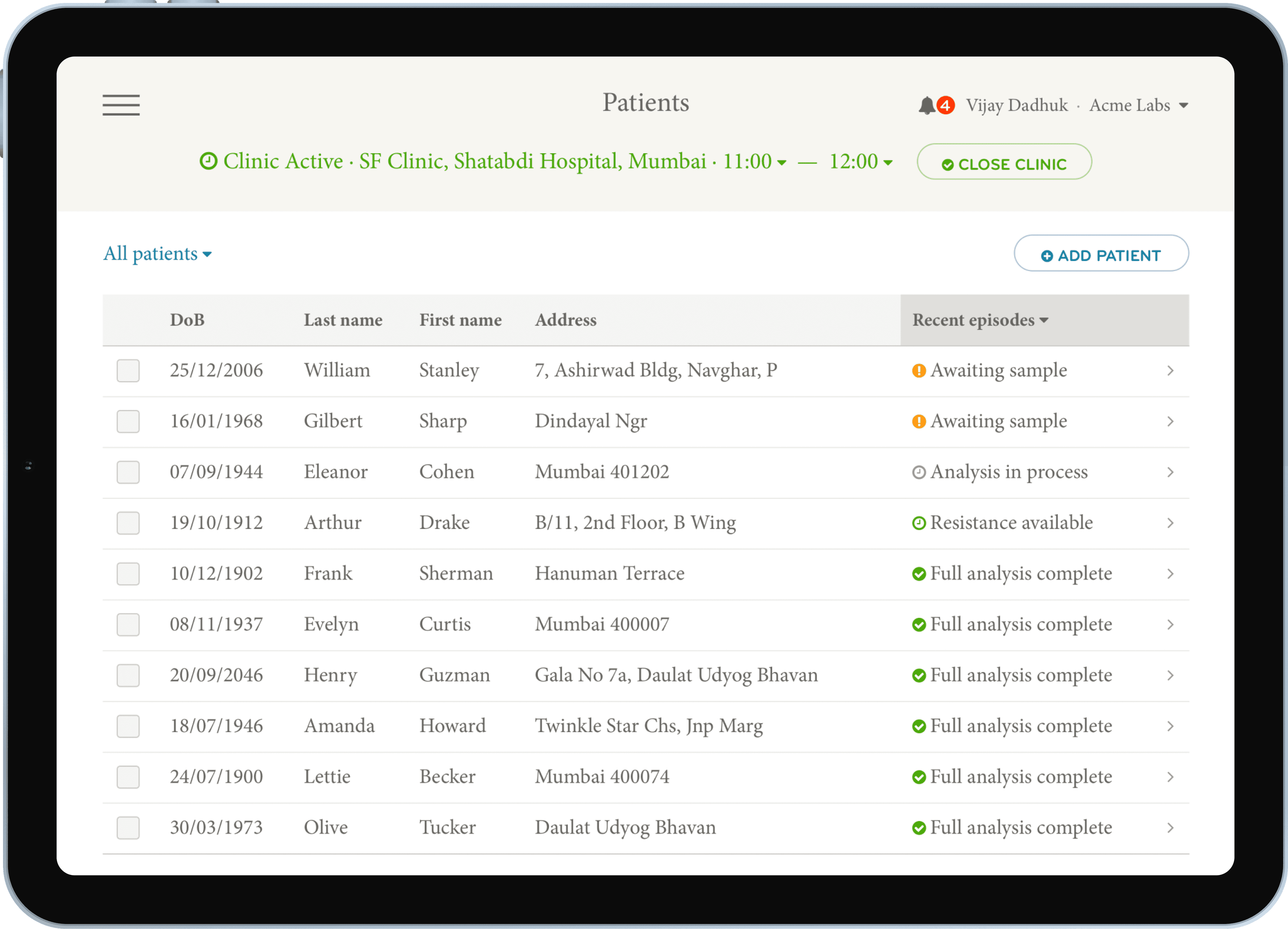 Mykrobe Atlas active clinic screen