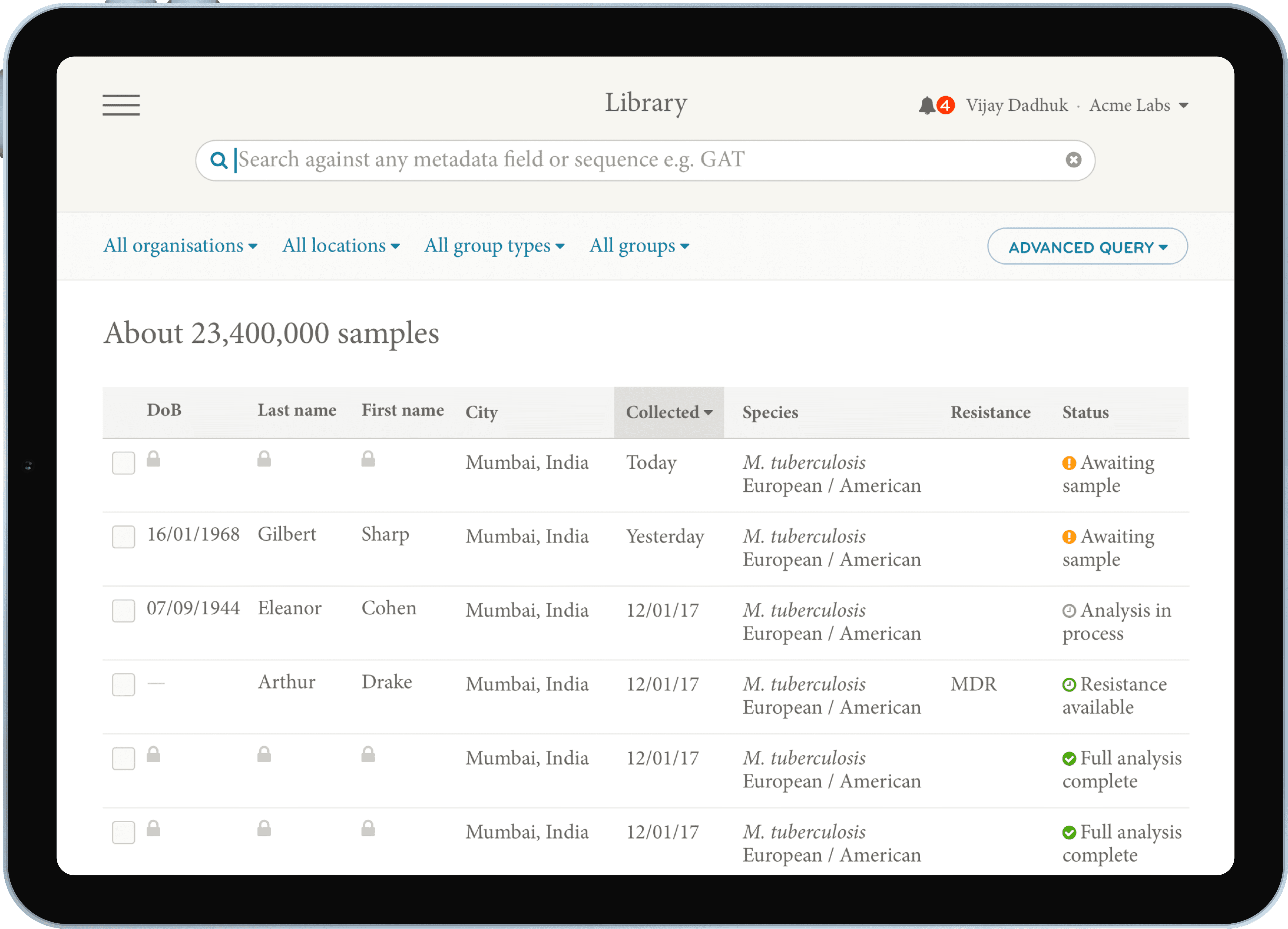 Mykrobe Atlas library screen