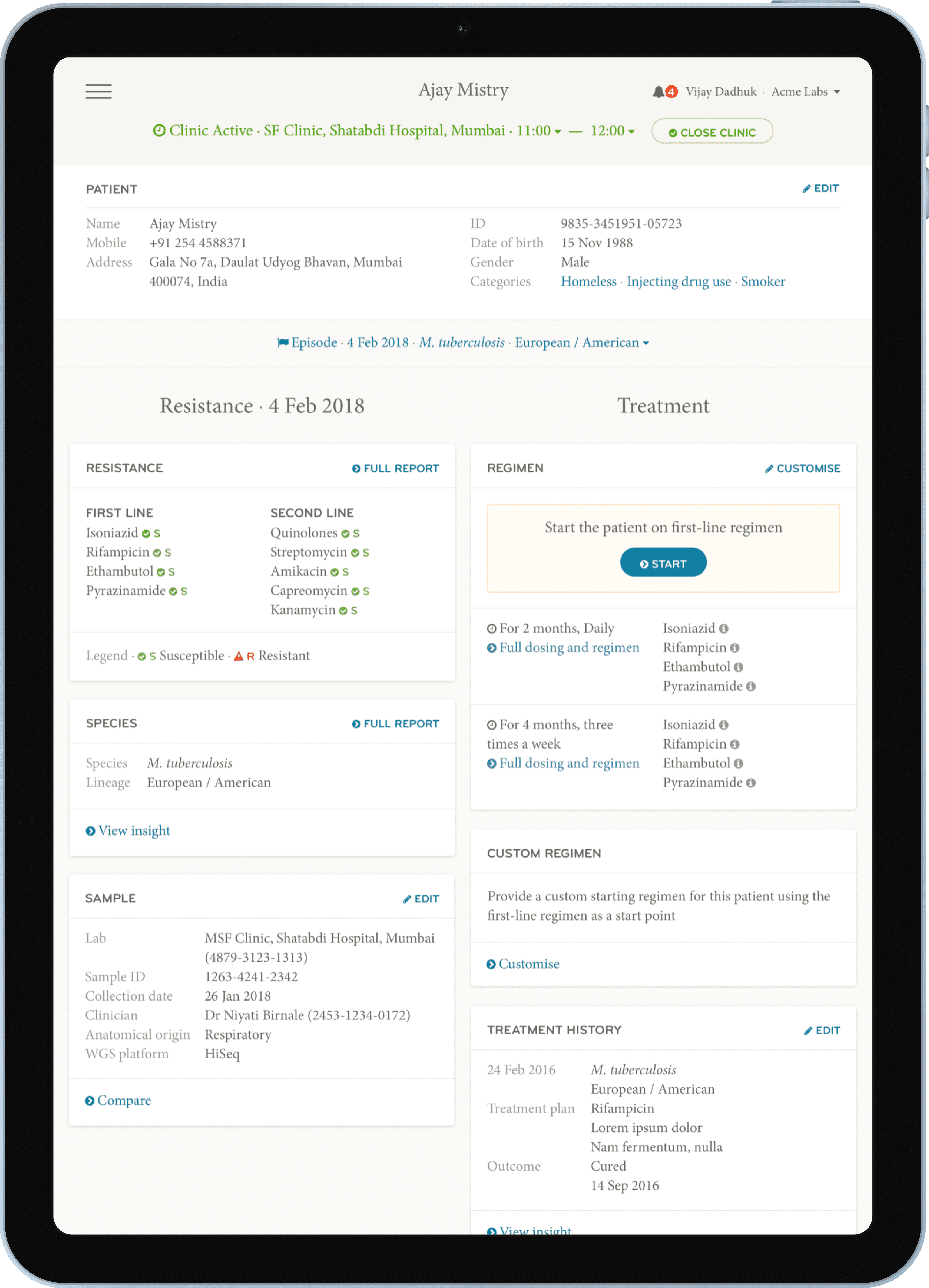 Mykrobe Atlas patient results screen